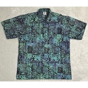 Rum Reggae Men's L Blue Green Tribal Hawaiian Aloha Cotton Camp Shirt